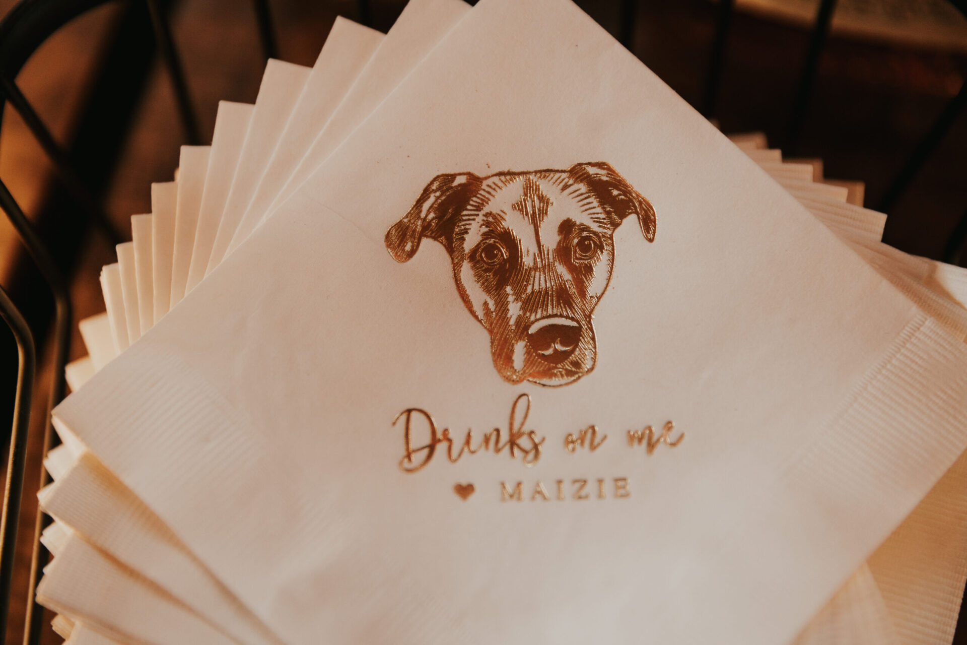 Personalized napkins for a Zion Springs Real Wedding featuring a dog drawing