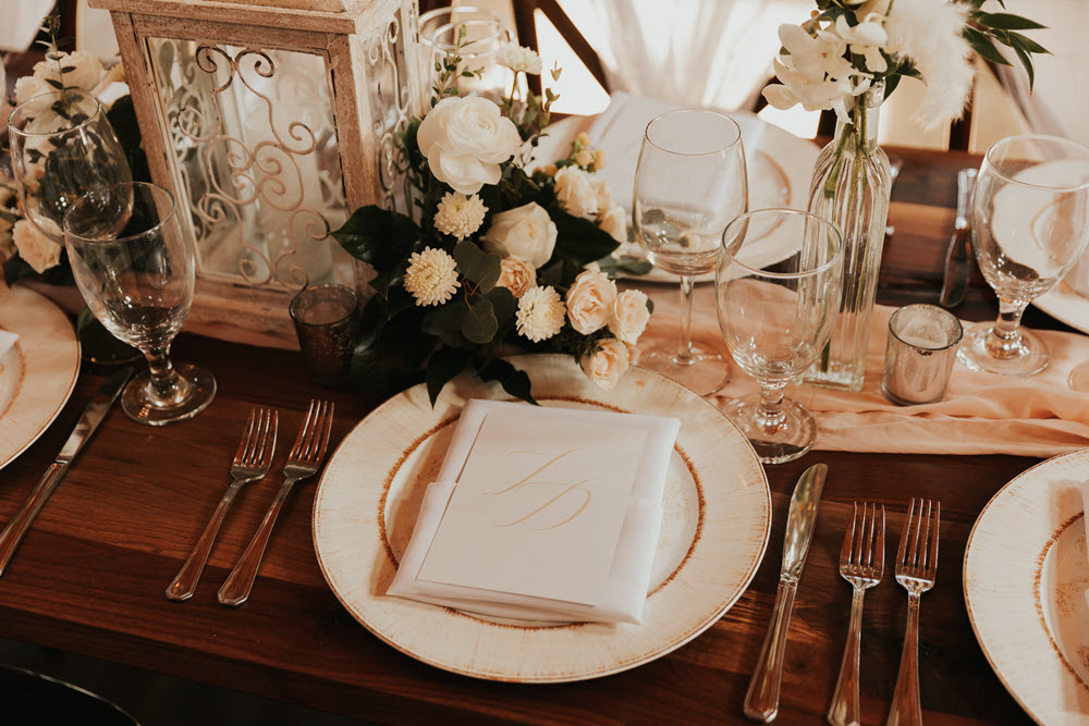 Romantic wedding place settings at Zion Springs, a popular barn wedding venue in Loudoun County.