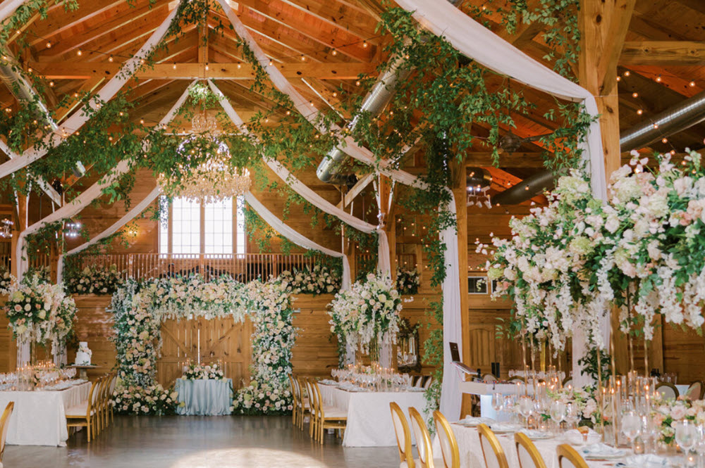Exquisite floral arrangements at Fox Chase Farm a popular barn wedding venue in Northern Virginia.
