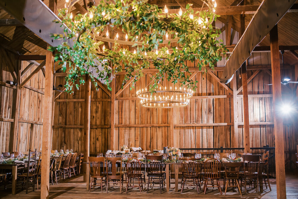Interior of the barn at Tranquility Farm, popular for rustic elegant weddings in Purcellville.